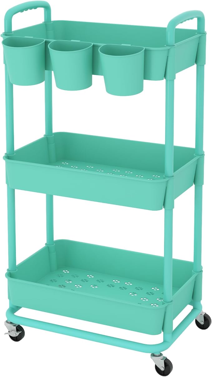 JIUYOTREE 3-Tier Plastic Rolling Storage Cart Utility Cart with Extra Hanging Cups Handles Lockable Wheels for Living Room Bathroom Kitchen Office Green