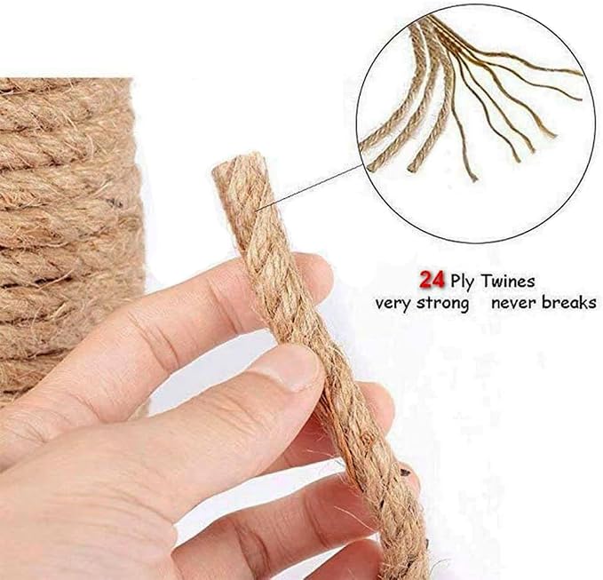 Natural Jute Rope Hemp Rope (3/8 in x 100 ft) Strong Jute Twine for Crafts Cat Scratch Post Hammock Decorating