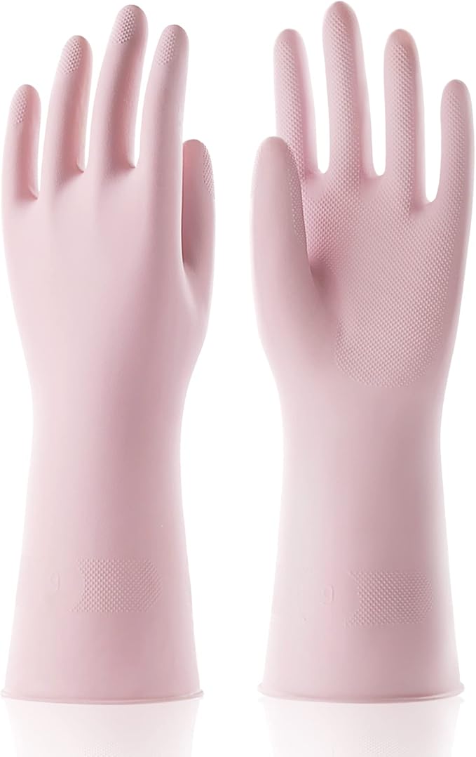 COOLJOB Large Household Rubber Gloves with Cotton Liner & Non-slip Grip, Waterproof Long Lasting Dishwashing Gloves for Kitchen & Bathroom Cleaning, Light Pink, 1 Pair