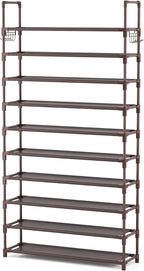 VTRIN 10 Tiers Shoe Rack Tall Large Capacity Wide Shoe Organizer Sturdy Shoe Shelf for Entryway with Two Hooks Metal Shoe Storage for Closet, Bedroom, Brown