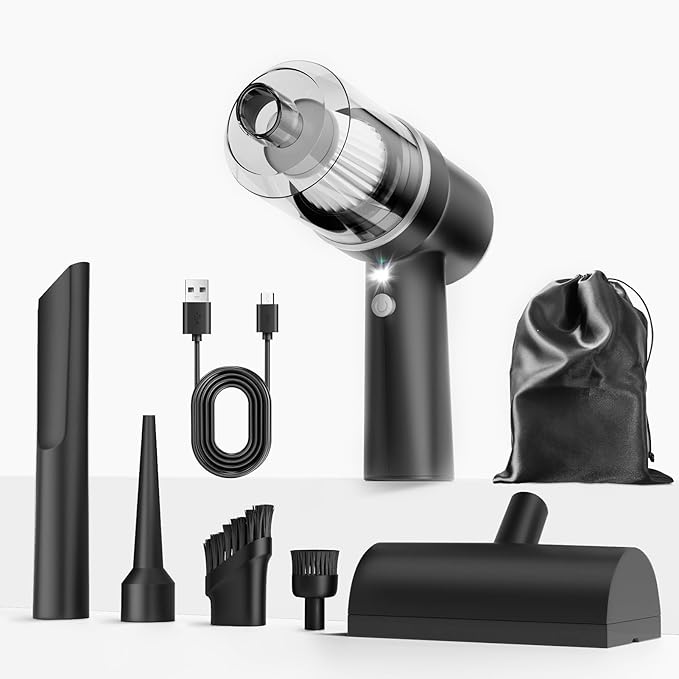 Mini Vacuum Cleaner Cordless with LED Light | 15000 Pa Hand Vacuum Cordless Rechargeable - Portable 3-in-1 Powerful Car Vacuums with Multi-Nozzles for Car, Home, Pet Hair, Black