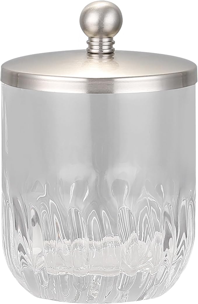 Glass Jar with Metal Lid for Bathroom Organization, Clear Apothecary Jar for Cotton Balls, Q Tips, and Small Accessories, Stylish Bathroom Storage Container Nickel