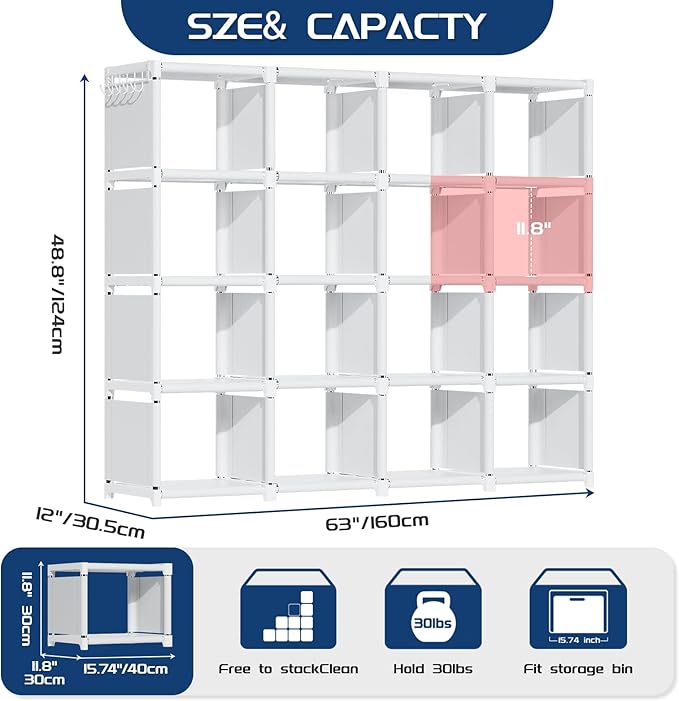 Mavivegue Book Shelf, 16 Cube Storage Organizer, Metal Cube Bookshelf, DIY Bookcase, Tall Book case for Bedroom, Living Room, Office -White