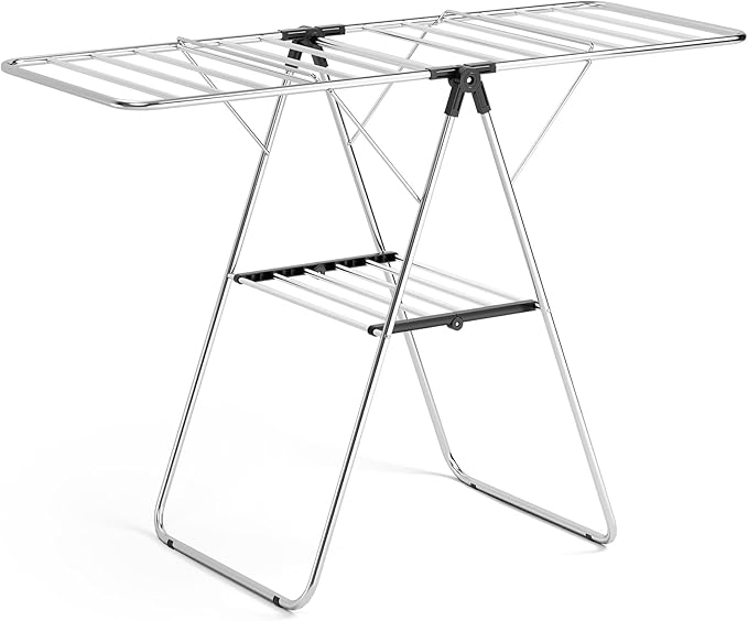 KINGBOARD Clothes Drying Rack, Laundry Drying Rack with Height-Adjustable, Foldable Gullwing for Easy Storage, No Assembly, Indoor Outdoor Use, 56.4" D x 21.6" W x 39.3" H, Black