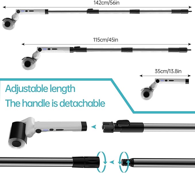 Roller Electric Spin Scrubber - 2-Speed Waterproof Cordless Power Cleaning Brush, 4 Multi-Purpose Brush Heads & Telescopic Pole for Deep Floor, Bathroom, Furniture, Glass & Car Cleaning