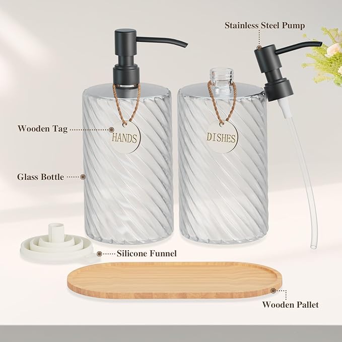 Hand Soap Dispenser Bathroom Set, Glass Dish Soap Dispenser for Kitchen Sink with Wood Tray & Black Stainless Steel Pump,Spiral Stripe Design