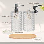 Hand Soap Dispenser Bathroom Set, Glass Dish Soap Dispenser for Kitchen Sink with Wood Tray & Black Stainless Steel Pump,Spiral Stripe Design