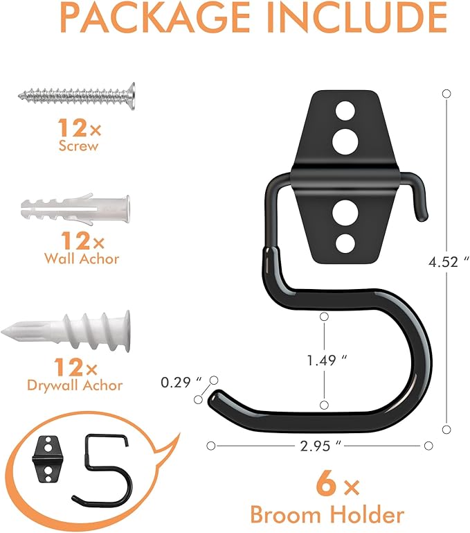 LIGHT DUST Broom Holder Wall Mount - 12 Pack Tool Hangers Garage Wall Hanging Organizer - Heavy Duty Metal Large S Hooks for Mop Shovel Rake Shed Garden Lawn Yard Handle Tools Organization (Black)