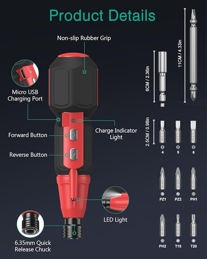 ORIA Electric Screwdriver Set, Rechargeable Cordless Screwdriver, Power Screwdriver, Small Repair Tool Kit with LED Light, 1/4'' Bit Holder, for Phones, Glasses, Camera, Laptop