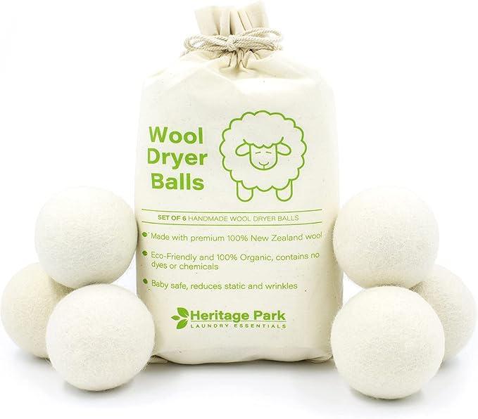 Heritage Park Wool Dryer Balls - 100% New Zealand Wool Handmade, Reusable Dryer Balls for Laundry - Decrease Drying Time - Set of 6 with Storage Bag