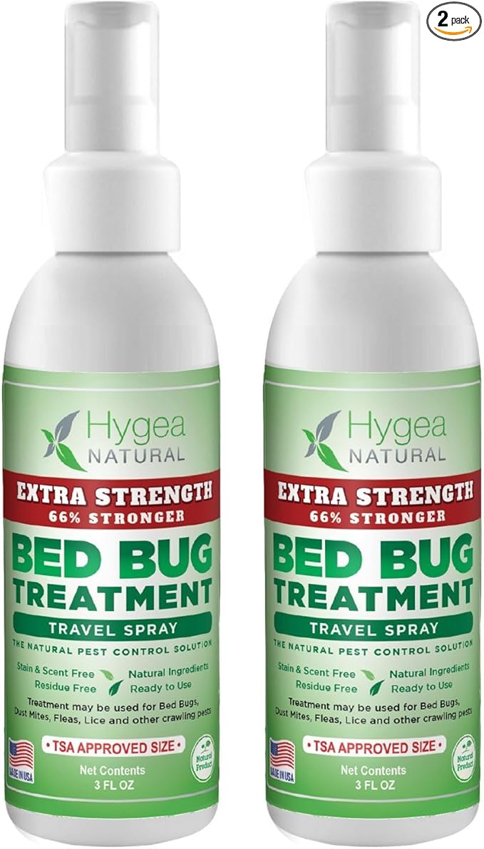 Hygea Natural Extra Strength Bed Bug & Mite Natural Travel Spray - TSA Approved Size - Child & Pet Friendly - Stain & Odor Free - for Hotel, Suitcase, Backpack, Shoes - 66% Stronger Formula(2pk, 3 oz)