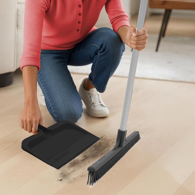 Superio Clip-On Dustpan with Rubber Lip - 10-inch Wide Durable Plastic Dust Pan with Comfort Grip Handle, (Clip-on Dustpan with Rubber Lip, Black) (Black)