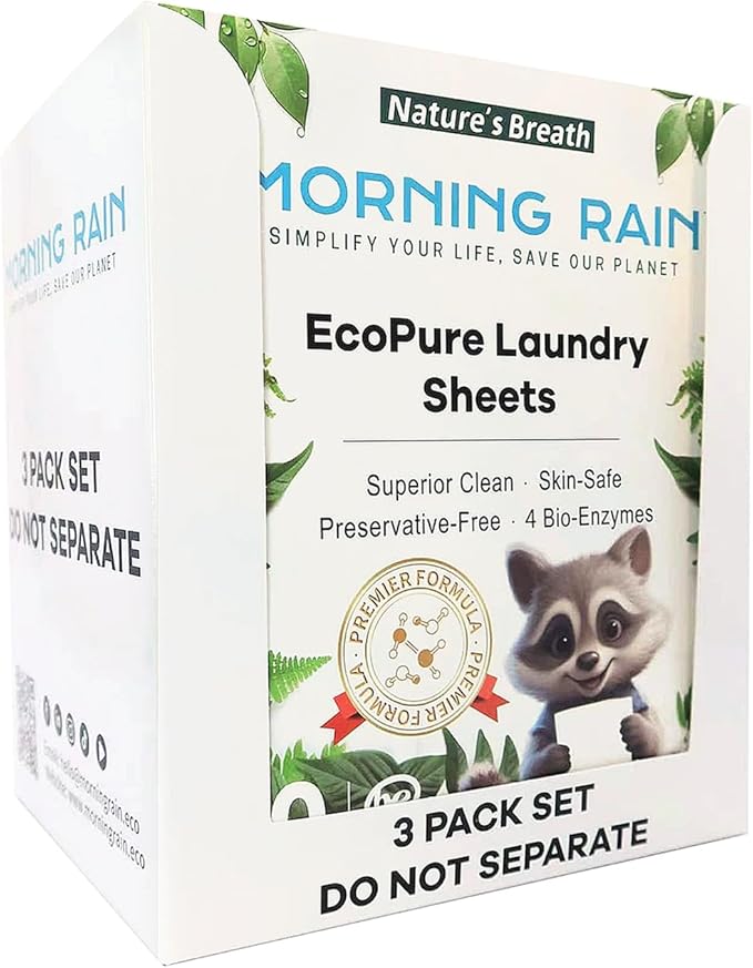 MorningRain Eco-Safe Laundry Detergent Sheets - Ingredients from Finland,Natural Scent, Bio-Enzyme Formula, Power Clean, 90 Sheets (Up to 180 Loads) - Non-Toxic, Preservative-Free, Designed in USA