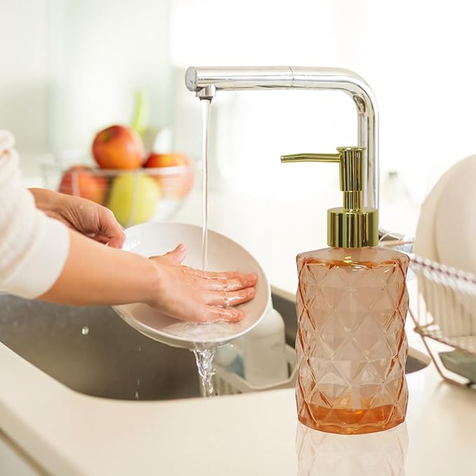 Glass Soap Dispenser with Gold Plastic Pump, 12oz Refillable Liquid Hand Soap Dispenser, Crystal Lotion Bottle for Modern Home Decor, Bathroom, Kitchen Countertop, Hotel(Amber)