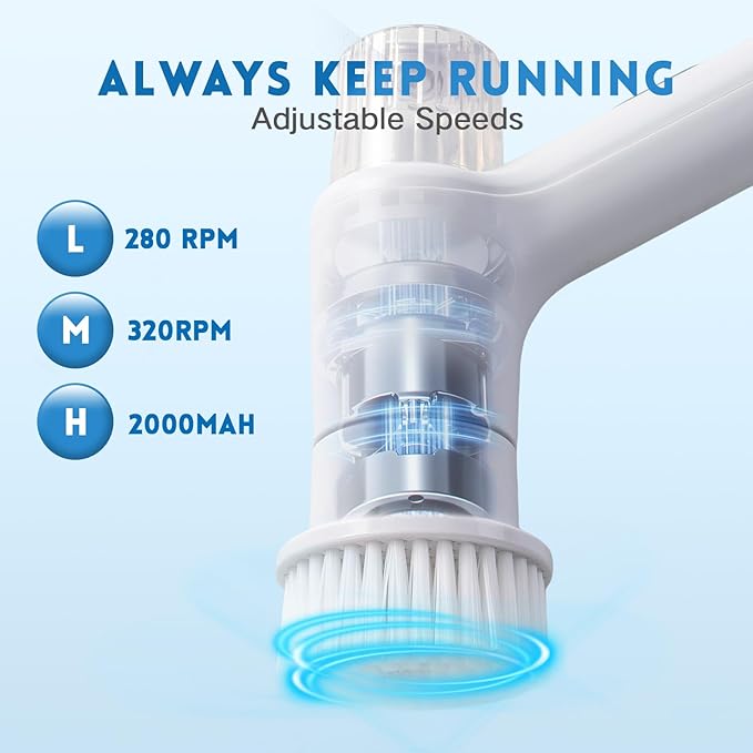 Electric Spin Scrubber,Spray with Foam Cordless Cleaning Brush, 2-Speed Shower Scrubber, Shower Cleaning Brush with 8 Replaceable Brush Heads, Adjustable Removable Handle for Bathroom, Kitchen-White