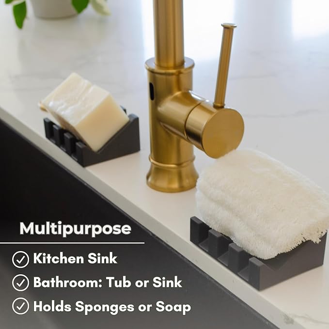 Silicone Soap Dish – 2 Pack, Waterfall Drainer Soap Holder for Bathroom, Suction Cups for Non-Slip Saver for Bar Soap, Sponge Holder & Sink Organizer, Extend Life, Durable & Easy to Clean (Black)