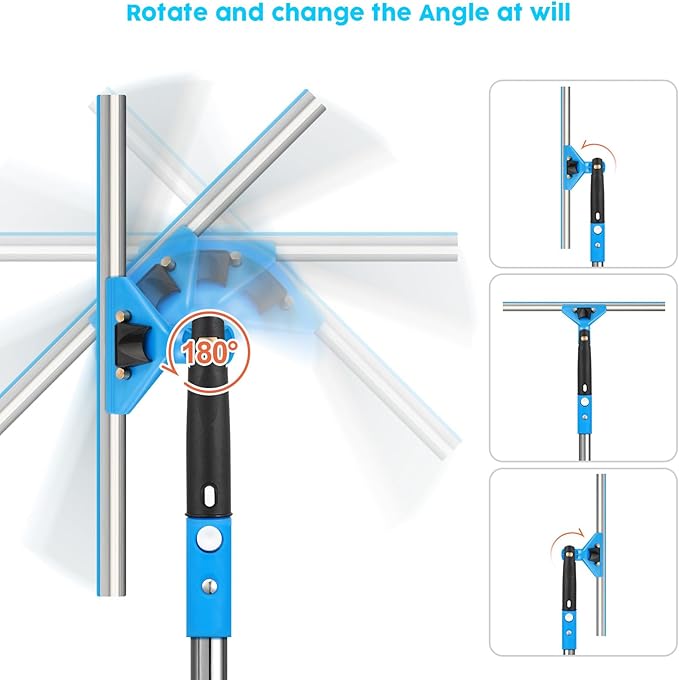 Window Squeegee，5 in 1 Bendable Head Window Squeegee for Home，61''Extension Poles，Bendable Head car Window Cleaner Tool，Squeegee for Shower Glass（Blue）