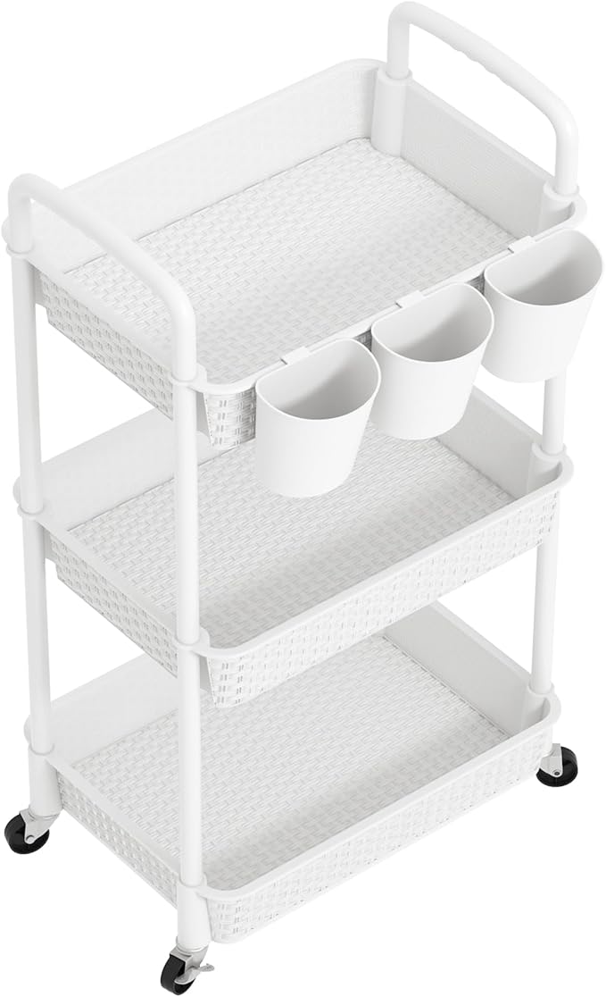 MOYIPIN 3-Tier Plastic Rolling Utility Cart with Handle,Utility Storage Cart for Office, Living Room, Kitchen,Movable Storage Organizer Shelves,White with 4 Hanging Cups