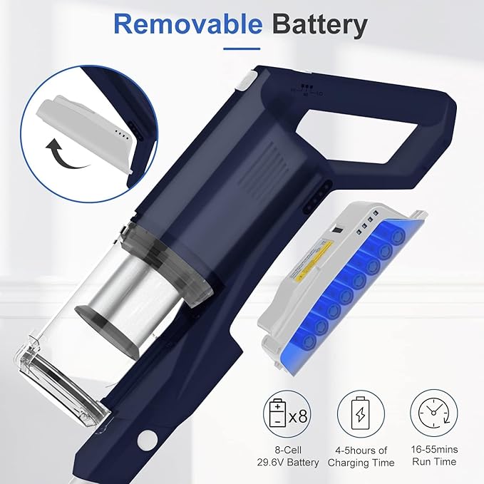 whall Cordless Vacuum Cleaner, Upgraded Strong Suction Brushless Motor Cordless Stick Vacuum Cleaner,Lightweight Handheld Vacuum for Home Pet Hair Carpet Hard Floor,up to 55mins Runtime,Blue