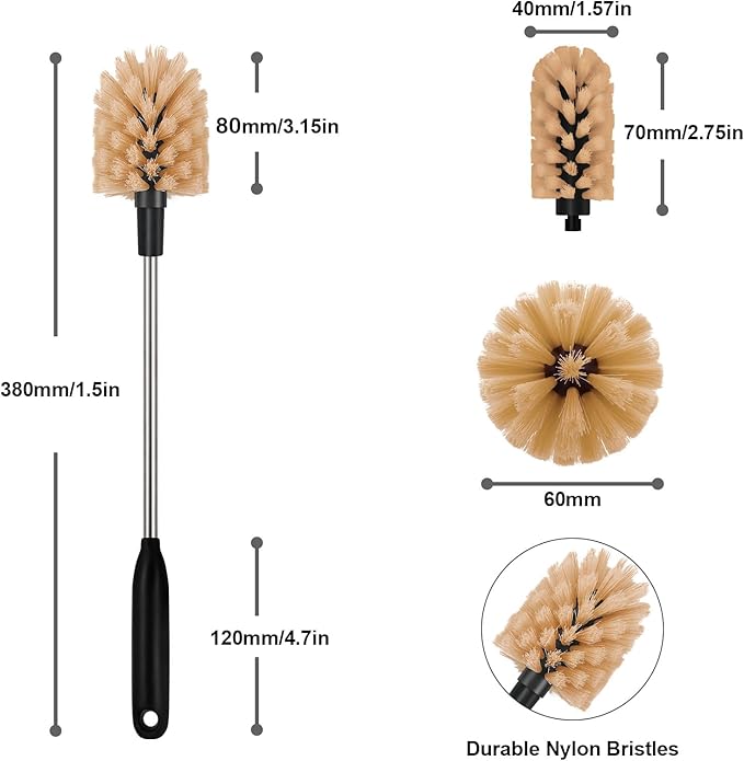 2-in-1 Long Handle Bottle Brush - Water Bottle Cleaning Accessories - Flexible Scrub Brush for Water Bottles,Mugs, Glasswares - with Replacement Brush Heads，Dishwasher Safe Reusable，Brown