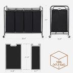 STORAGE MANIAC Laundry Sorter 4 Section, 47.8 Gal (181 L) Laundry Hamper with Wheels, Clothes Divider Basket Sorter, Clothes Separator Hamper Cart with Wheels and Removable Bags, Black