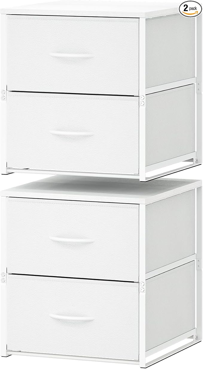 2 Pack Stackable Storage Closet Drawers, White Closet Organizers and Storage, Small Drawers for Closet with Wooden Top & Metal Frame, 2 Tier Modern Short Dresser for Bedroom,Dorm,Living Room, Office