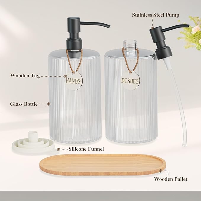 18Oz Kitchen Dish Soap Dispenser Set,Glass Hand Soap Dispenser Bathroom with Wood Tray & Black Stainless Steel Pump,Vertical Stripe Design