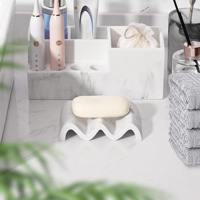 Luxspire Soap Dish, Marble Soap Dish, Self-draining Tray, Soap Holder Saver for Shower, Bathroom, Sink, Kitchen and Countertop, Gravel White, 2 Pack