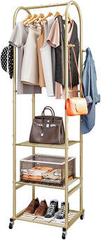 Clothes Rack With Wheels and 3-Tier Metal Shelves,Clothing Rack For Hanging Clothes With 4 Hooks,Garment Rack Wardrobe Organizer for Small Space,Black (gold, 16.54 * 18.23 * 72.05)