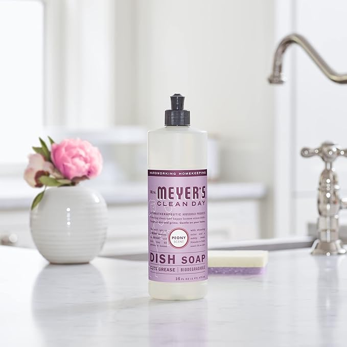MRS. MEYER'S CLEAN DAY Liquid Dish Soap, Biodegradable Formula, Peony, 16 Fl. Oz - Pack of 3