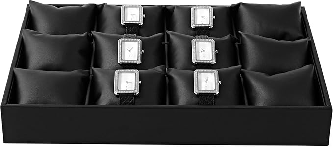 Oirlv Black Premium Leather 12 Grid Jewelry Insert Watch Tray With Removable Pillow Bracelet Bangle Storage Organizer Tray