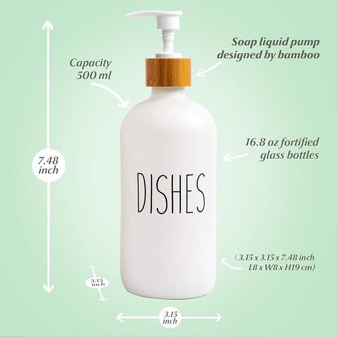 Dish White Glass Soap Dispenser with Plastic Pump, 16 Oz White Dish Soap Dispenser Set Refillable Reusable Apothecary Soap Pump Dispenser Bottles for Bathroom and Kitchen