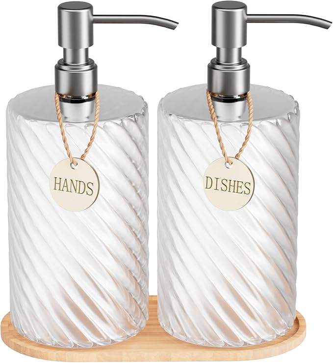Glass Hand Soap Dispenser Bathroom Set,Dish Soap Dispenser for Kitchen Sink with Wood Tray & Silver Stainless Steel Pump,Spiral Stripe Design