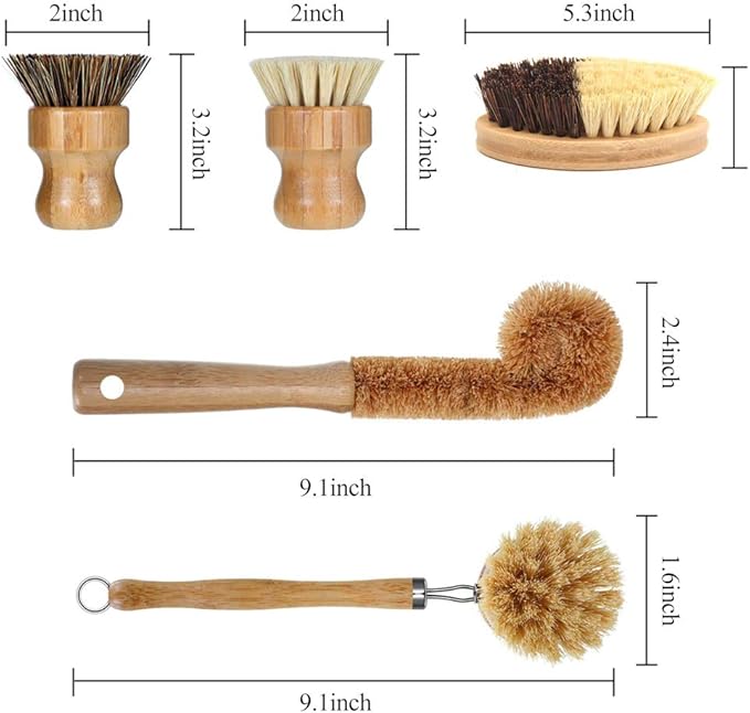 5 Pack Natural Bamboo Cleaning Brush Set, Pot Dish Scrub Brush with Handle and Flannel Bag Kitchen Brushes for Cast Iron Pots, Pans, Vegetable and Kitchen Cleaning