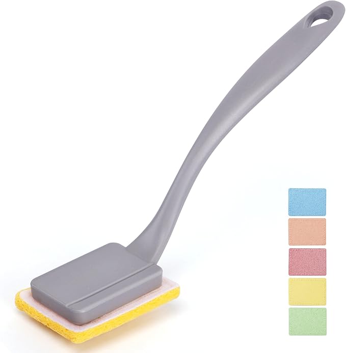 Dish Brush with Handle,Non-Scratch Dishwand with 5 Sponge Refills for Pans, Pots, Sink & Tubs,Grey