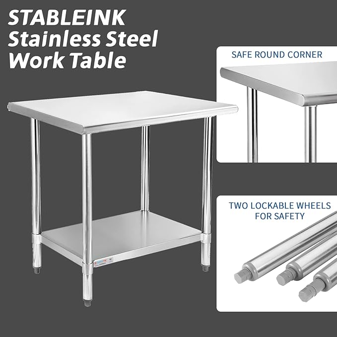 STABLEINK NSF Stainless Steel Table, 24 x 30 Inches Metal Prep & Work Table with Adjustable Undershelf, for Commercial Kitchen, Restaurant, Hotel and Garage