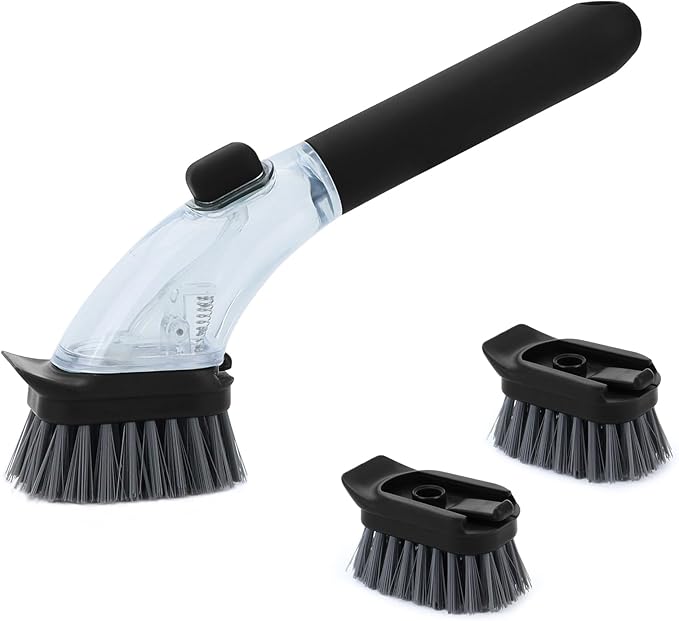 Soap Dispensing Dish Brush with Handle, Kitchen Scrub Brush for Dishes Pots Pans Sink Cleaning (Black)