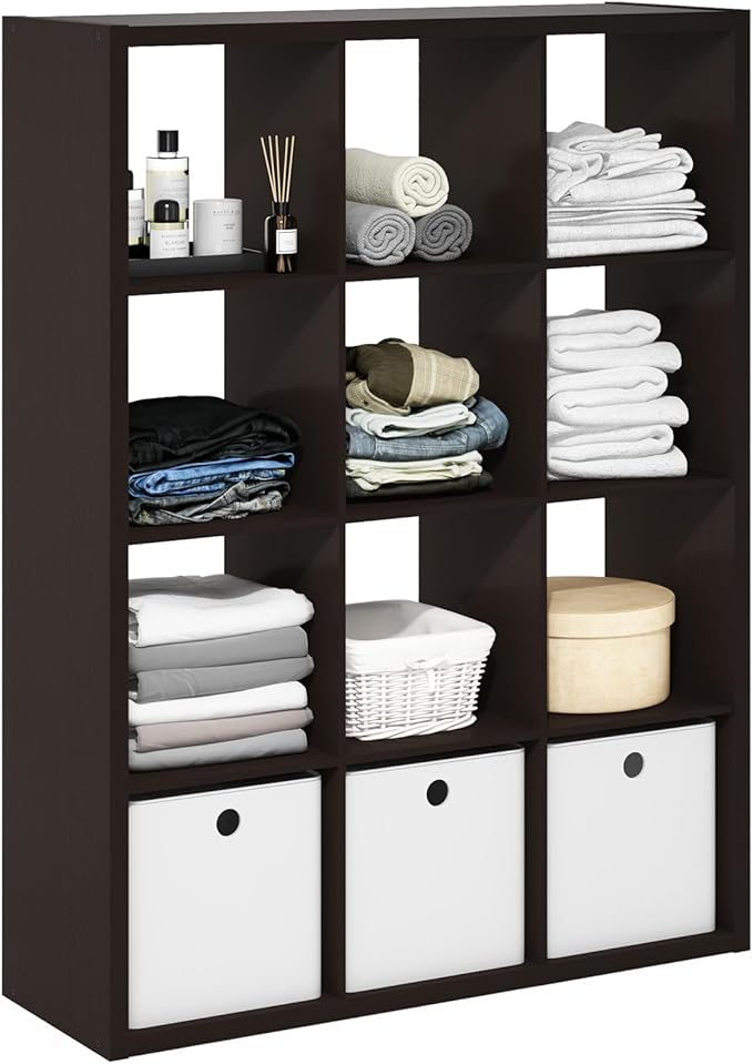 Furinno Cubicle Open Back Decorative Cube Storage Organizer, 12-Cube, Black Dark Oak