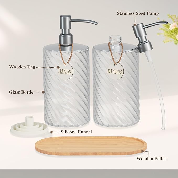 Glass Hand Soap Dispenser Bathroom Set,Dish Soap Dispenser for Kitchen Sink with Wood Tray & Silver Stainless Steel Pump,Spiral Stripe Design