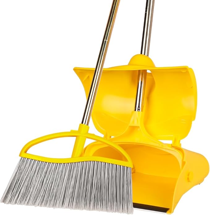 Long Handle Heavy Duty Broom and Dustpan Set, Outdoor and Commercial Upright Dustpan and Brush for Restaurant Garage Garden Yard Office, Yellow