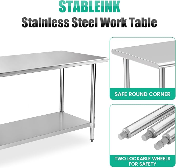 STABLEINK NSF Stainless Steel Table 30 x 60 Inches 5ft Metal Prep & Work Tables with Adjustable Undershelf, for Commercial Kitchen, Restaurant, Hotel, Laundry Room and Garage