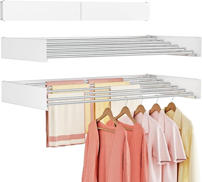 Wall Mounted Clothes Drying Rack Folding Indoor, Foldable Laundry Drying Rack Collapsible,Invisible, Space Saving, Retractable Towel Drying Rack, with Wall Template(6 Drying Rods, White 40")