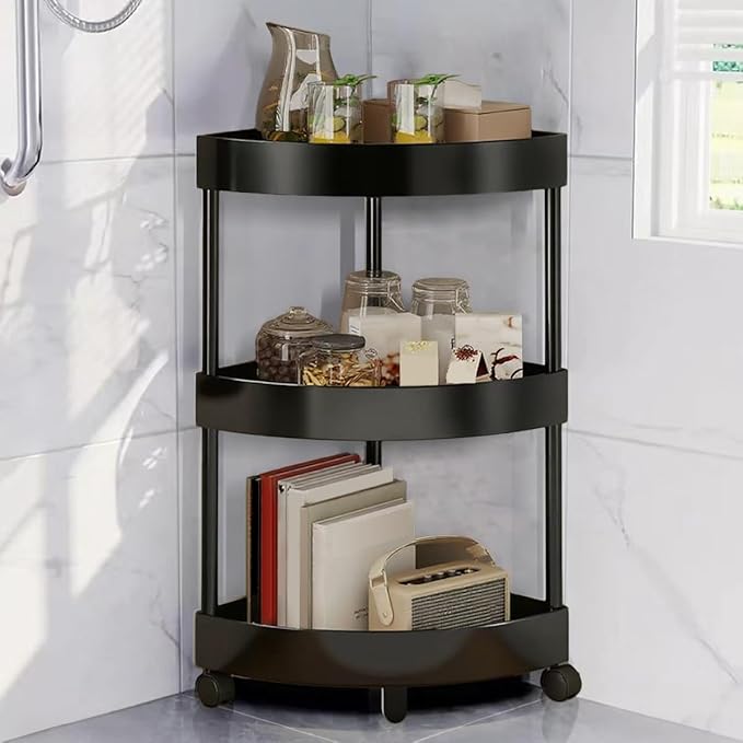 Rolling Cart with Wheels 3 Tier Bathroom Organizer Mobile Shelving Unit Utility Cart Tower Rack Multifunction Utility Storage carts, Kitchen Storage Organizer for Kitchen Laundry Narrow Places, black