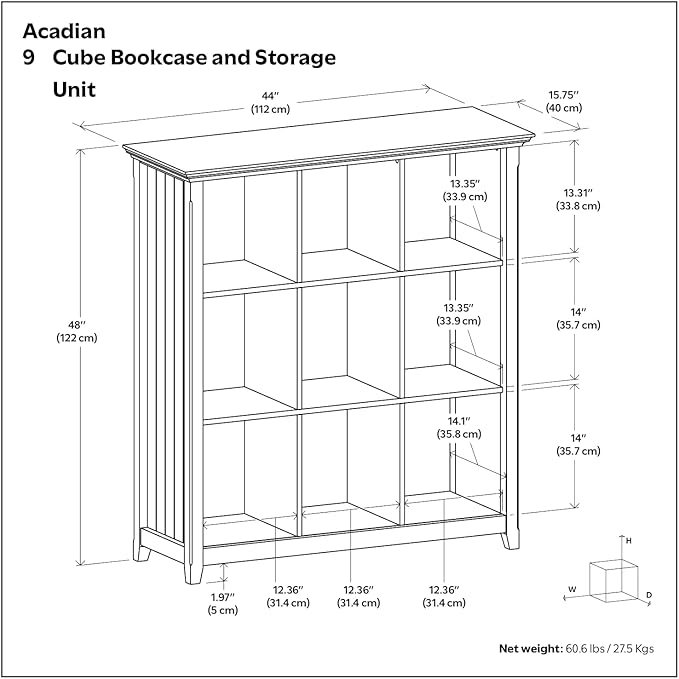 SIMPLIHOME Acadian Bookcase - 44 inch Tall 9-Cube Solid Wood Cube Organizer in Brunette Brown, Transitional Bookcase Storage for Living Room, Study Room or Office with Fixed Shelves and Tapered Legs