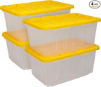 CX BLACK & YELLOW, 27-Gallon Heavy Duty Clear Storage Container & Snap-Tight Lid, Clear & Yellow (14.3H x 20.6W x 30.6D), Weather-Resistant, Stackable, See-Through Organization Tote [4 Pack]