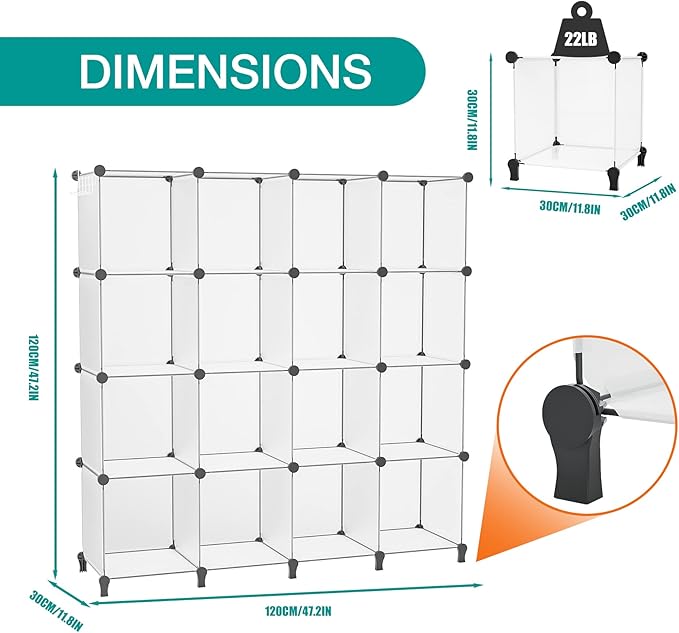 Neprock Cube Storage Organizer,16-Cube Shelf Closet Organizers and Storage Shelves,Book Shelves Wardrobe Clothes Organizer for Clothing Storage,Yarn Storage and Room Organization (Transparent White)