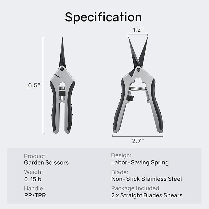 6.5" Ultra Sharp Pruning Shears - Professional Garden Scissors with Straight Stainless Steel Blades, Ergonomic Handle, Rust Resistant, Safety Lock, Trimming Scissors for Plants in Grow Tents, 2-Pack