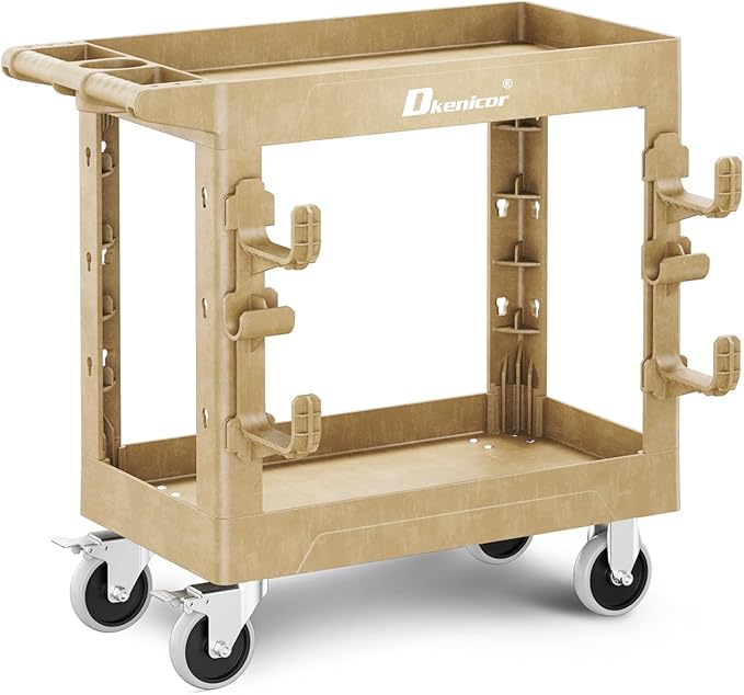 Utility Cart with Max 850Lbs Capacity, 34" x 17" Heavy Duty Rolling Utility Cart, 2 Side Hooks, 360° Swivel Wheels (2 with Brakes), 2 Tier Service Cart for Warehouse/Garage/Garden - Wood Color