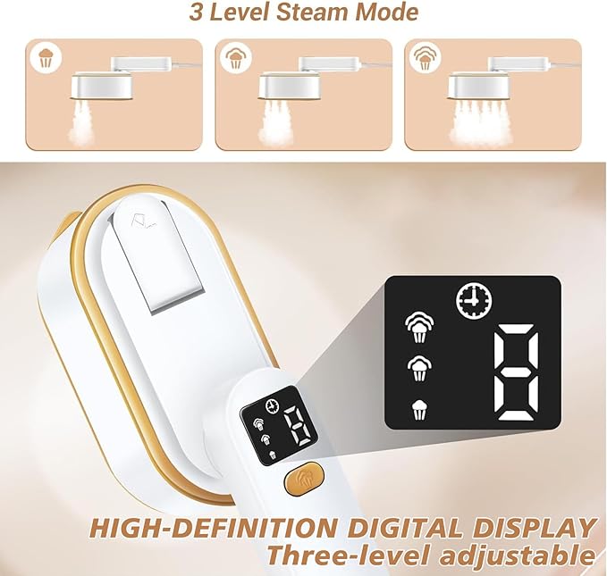 Steamer for Clothes, Wall Mounted Wet Dry Dual-purpose Portable Ironing Machine, 3 Level Adjustable Digital Display Screen 1200W High-power Steam Iron, Suitable for Home, Travel & Dormitory (White)