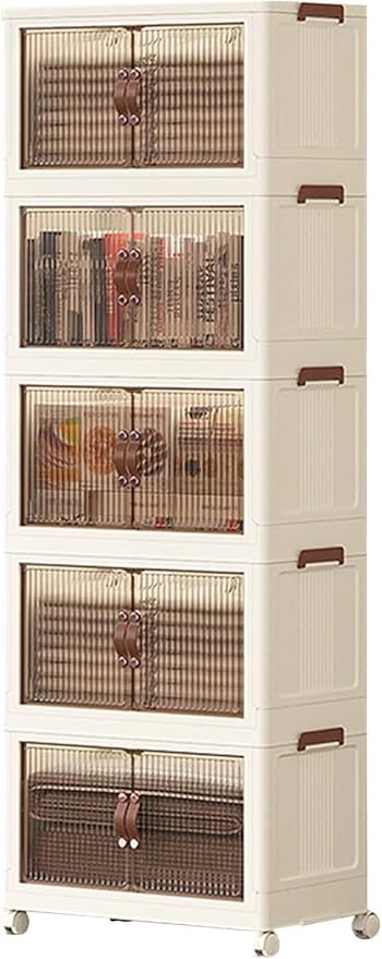 5-Tier Stackable Storage Bins with Lids & Open Front Design, Foldable Storage Bins with Wheels for Home Organization, Collapsible Space Saving Multi-Layer Organizer, 48QT